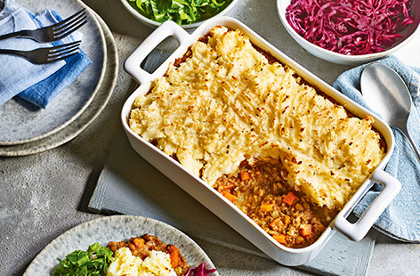 Everything you love about cottage pie, but with plenty of hidden veg and the addition of green lentils to make this family favourite more nutritious and just as delicious! Prep this in advance and freeze, then you'll have a brilliantly balanced midweek meal for busy days, just add fresh spring greens to serve.