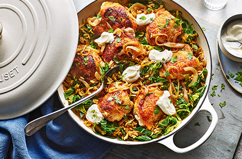 Combine the mild curry and fruity flavours of coronation chicken with the fragrant warmth and comfort of a biryani and you have this delicious fusion meal. The recipe uses tasty and budget-friendly chicken thighs along with store cupboard spice and rice pouches for the ultimate flavour-packed, fuss-free midweek curry.