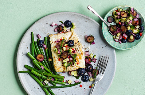 Here's an interesting take on a fruity salsa that makes the most of in-season blueberries. Quick and easy to assemble, it goes particularly well with white fish.