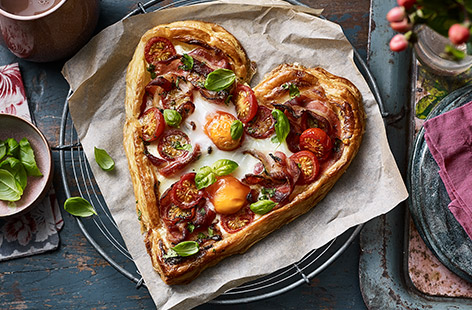 Spread the love on Valentine's day with this smoky, savoury bacon, egg, crème fraîche and tomato breakfast tart