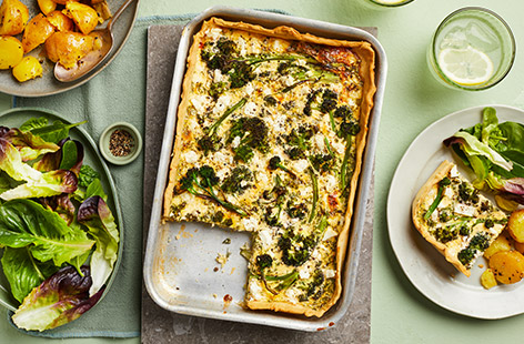 This vibrant veggie quiche, featuring vibrant and nutty purple sprouting broccoli serves 8, so it's ideal for entertaining. Or enjoy it midweek and have leftovers for lunch the next day. 