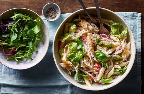Liven up your lunches with this 'CLT' (chicken, lettuce and tomato) salad. Ready in just 15 minutes, this speedy pasta salad is a great way to use up leftover roast chicken.