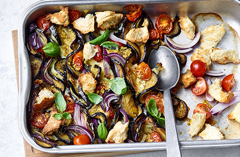 This Italian-inspired traybake makes the most of seasonal aubergines for this simple midweek meal, bursting with vibrant flavours and colours 