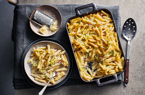 Our twist on a classic carbonara, this pasta bake recipe will be a new hit with added savoy cabbage heightening the flavour of the creamy carbonara sauce.