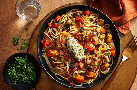 Use leftover veggie stew in this quick and easy midweek pasta recipe, topped with a scoop of ricotta, drizzle of olive oil and fresh mint