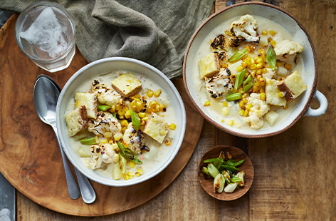 Warming chowder gets a veggie twist with the help of cauliflower and corn