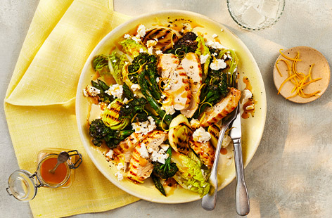 This chargrilled chicken salad is brimming with fresh and fragrant flavours, plus seasonal green veg to get you excited for spring. The perfect light lunch for two.