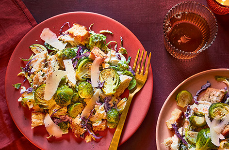 Charring sprouts gives them a lovely nutty flavour in this seasonal twist on a classic Caesar salad. It's a great way of using up festive leftovers – perfect for a Boxing Day buffet or light lunch over the holidays.