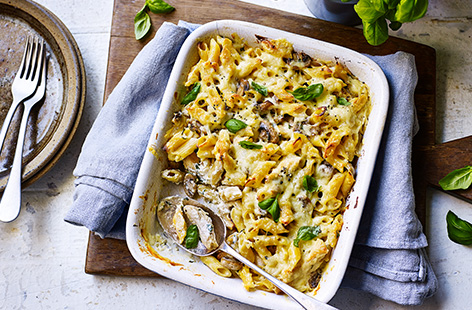 This hearty chicken pasta bake recipe is a simple way to feed the whole family. With tender chicken and garlicky fried mushrooms, cream cheese makes an easy cheat's sauce, for dinner ready in 45 minutes.