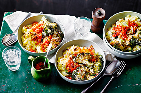 Try something different with broccoli - roast it with garlic and cheesy breadcrumbs until just charred and the breadcrumbs are crispy and golden. Serve with lemony mash and a fresh tomato vinaigrette for a healthy dinner idea.