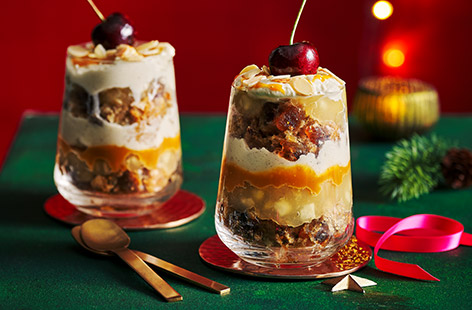 This wintery pud is easy to whip up and loaded with festive flavours. Layer spiced whipped cream with cherry almond stollen and apple sauce. Don't forget the extra spoonful of caramel sauce for extra indulgence.