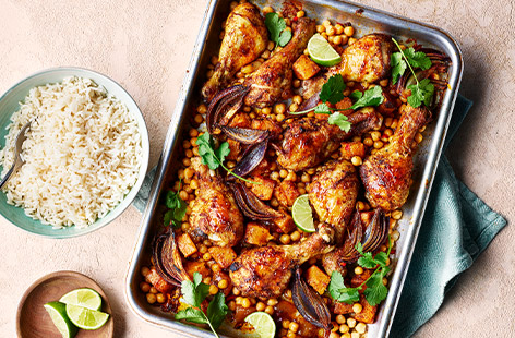 You can't go wrong with a chicken traybake and this fruity number featuring budget-friendly chicken drumsticks is sure to be a new favourite family meal.