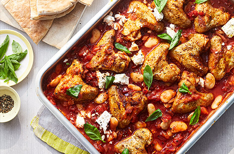 This simple chicken traybake has big, bold Med flavours from smoked paprika and dried and fresh herbs. Using storecupboard heroes and affordable chicken wings, it's a brilliant, budget-friendly family dinner. 