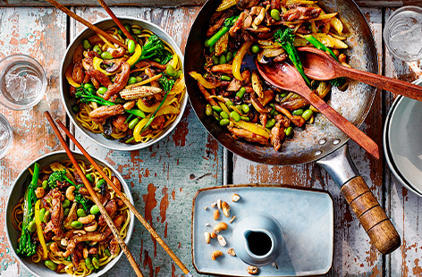 You can’t go wrong with a classic chicken stir-fry with noodles. This simple stir-fry recipe combines sticky soy sauce glazed chicken thighs with plenty of veg, toasted cashews and noodles for dinner on the table in half an hour.