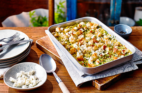 Make this courgette orzo traybake recipe for a simple meat-free Monday dinner. Grating the courgettes into the orzo is an easy way to get your veg, along with plenty of chilli, garlic and spring onions for maximum flavour, all topped off with crunchy crout