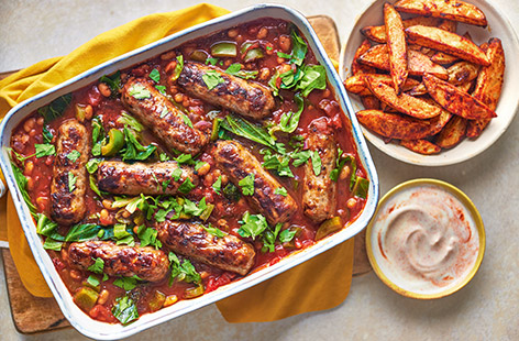 You can't beat a sausage traybake for tea and this recipe is topped with greens and served with potato wedges for a hearty meal. We've used tasty reduced-fat sausages, teamed with smoked paprika and baked beans for smoky-sweet flavours. It's a family meal you'll be making on repeat!