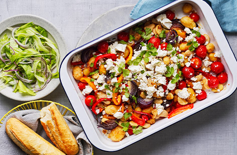 Serve up this quick and easy vegetarian traybake for dinner
