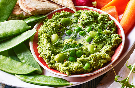A British take on creamy Mexican guacamole, vibrant garden greens are blitzed together for a healthy dip