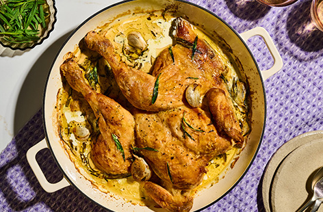 When Julius came to the Tesco Kitchen, he brought his signature tarragon roast chicken, inspired by a cherished family recipe and his love of classic Sunday roasts. Spatchcocked for even cooking, the chicken comes out tender with golden, crisp skin, while the cream, mustard, and tarragon sauce adds a rich, aromatic finish. It’s a confident, flavourful roast that pairs beautifully with Seema’s braised lentils and charred lemon gremolata.