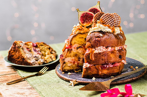 We've made panettone even better by layering it with cream cheese icing and topping with sticky salted caramel sauce and figs. Now that's what you call a festive showstopper!
