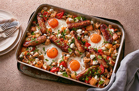 Take the flavours of a Full English breakfast and turn them into a crowd pleasing family dinner. This Full English traybake recipe is filled with sausages, herby potatoes, roast mushrooms and tomatoes and finished with eggs for a one-tray winner. 