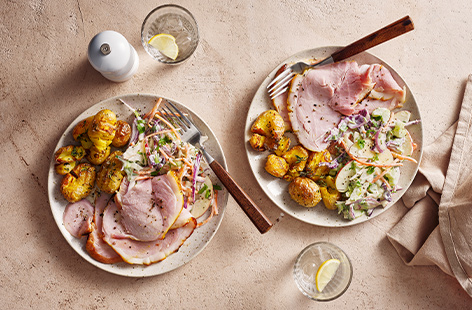 Try something new for Sunday lunch with this glazed ham and crispy potatoes recipe