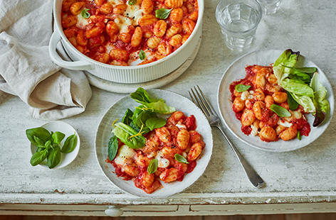 You can't go wrong with a cheesy pasta bake. Make this Mediterranean gnocchi bake for an easy way to feed the family - with quick-cook gnocchi, a simple tomato and basil sauce and plenty of melting mozzarella on top.