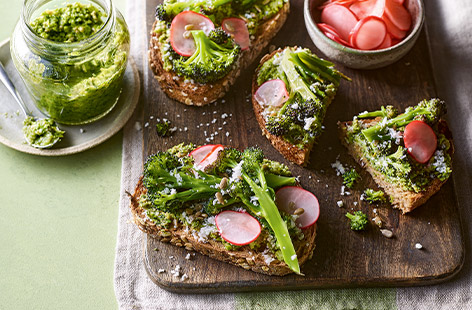 Use purple sprouting broccoli to whip up a homemade pesto, which tastes great on toast. Top with extra broccoli spears, pickled radishes and some crumbled goat's cheese for a lunch that'll leave you feeling great.