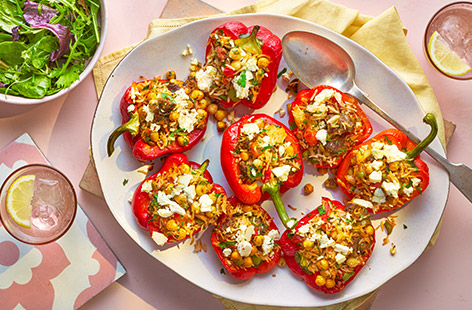 These speedy stuffed peppers are bursting with Greek-inspired flavours and use leftovers from our Lamb koftas in tomato sauce recipe, creating a simple yet special lunch to enjoy alfresco!