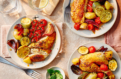 Sunny weather needn't mean missing out on a Sunday roast! This veg-packed roast is super easy. Marinade your chicken with harissa, then roast with summer veg for a delicious weekend meal.