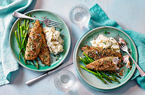 This simple mackerel recipe is ready in just 30 mins for an easy dinner for two. Mackerel fillets are topped with a herby lemon breadcrumb to add plenty of flavour and crunch, whilst mashed cauliflower offers an alternative to potato.