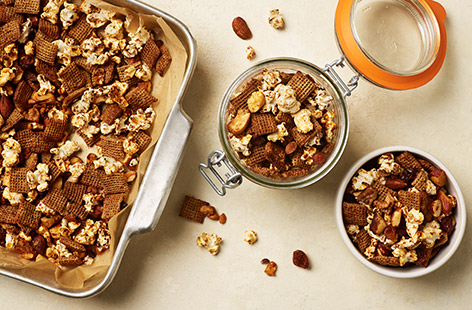 If you're after a healthy snack, look no further than this homemade trail mix. It's full of fibre from the dried fruit, nuts and popcorn, and great for storing in jars when you need a nibble of something!