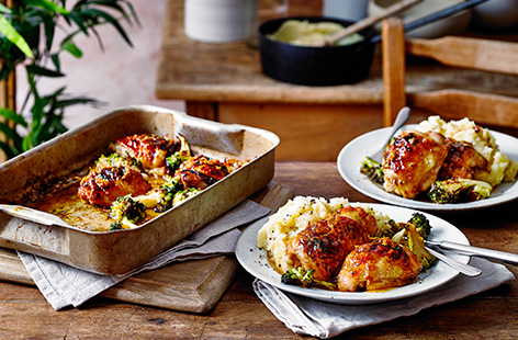 Cook this easy chicken traybake recipe and serve with creamy mash for simple comfort food. Broccoli is roasted alongside chicken thighs in a sticky honey-lemon glaze until the veg is just beginning to char and the chicken is caramelised.