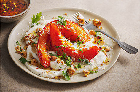 Roasted pumpkin sits on a bed of ricotta, drizzled with hot honey and a sprinkle of nuts. This dish is sweet, spicy and full of flavours and makes a super side or light lunch.