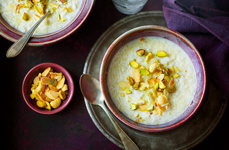 Kheer is creamy and unctuous Indian rice pudding flavoured with cardamom and peppered with pistachios and other delicious nuts and seeds. Made with basmati rice, whole milk and sweet condensed milk, it can be served hot or cold.