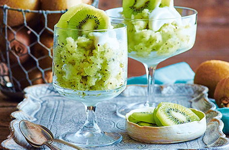 This Italian-inspired dessert makes the most of this season’s seed-packed, sweet-fleshed, vibrant kiwis. Blended with a spicy ginger syrup, fragrant mint and zingy lime, this refreshing frozen dessert is sure to impress. 