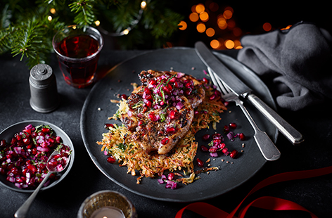 Indulge in dinner for one with this new take on the classic combination of lamb and mint. Chilli-rubbed lamb chops meet a sweet pomegranate mint salsa and crispy parsnip rosti.