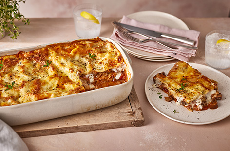 This vegetarian lasagne gets its depth of flavour from a red wine stock pot used to slow-cook mushrooms, onions, tomatoes and garlic in a tasty sauce