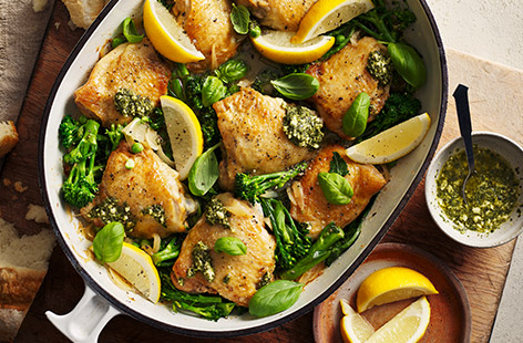 Banish the January blues with this colourful pesto chicken one-pot