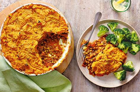 Serve up a hearty feast for the family with this veg-packed shepherd's pie, topped with a fluffy sweet potato topping - delicious!