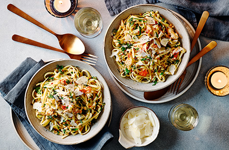 Ready in just 25 minutes, this luxurious lobster linguine pairs pre-cooked seafood with a buttery garlic and chilli sauce for a sophisticated but simple Valentine's Day dinner.
