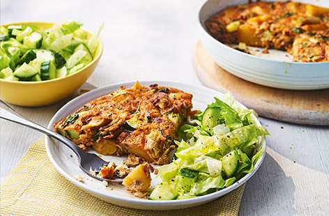 This one-pan frittata is studded with colourful veg along with great-value and nutritious tinned mackerel. Lovely for lunch or a light summer dinner, served with a fresh green salad.