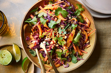 This mango and peanut slaw is big on tropical fruit flavours and interesting textures. Top with a homemade lime and sweet chilli dressing and you have a stunning side for barbecues or alfresco eating.