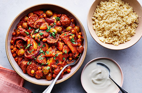 All the delicious flavours of a Moroccan-style tagine but ready in 20 minutes! This cheat's version, using turkey meatballs, is so simple yet so tasty, with a subtle touch of sweet and spice from the hot honey. Serve with couscous, yogurt and fresh herbs for authentic finishing touches.