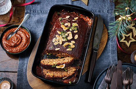Looking for a vegan main for Christmas this year? Give an American meatloaf a vegan makeover with this Moroccan lentil 'meatloaf', filled with flaked almonds, mushrooms and sweet potato and coated in a spicy tomato sauce for a festive centrepiece.