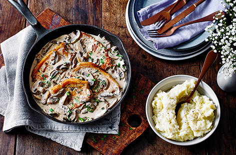 For a speedy family meal that's ready in just 30 minutes, try this mushroom and creamy mustard pork steak. Serve with mashed potatoes and your choice of green vegetables.