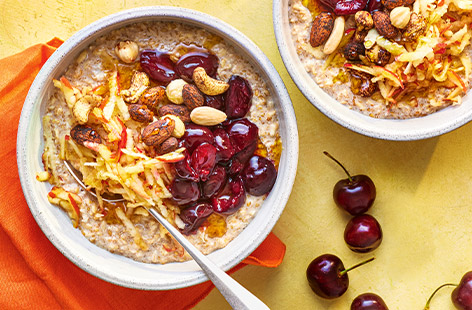 Give overnight oats a summer glow-up. With sweet and syrupy cherries and cocoa nut bites, this bright breakfast is bound to start your day off with a bang. 