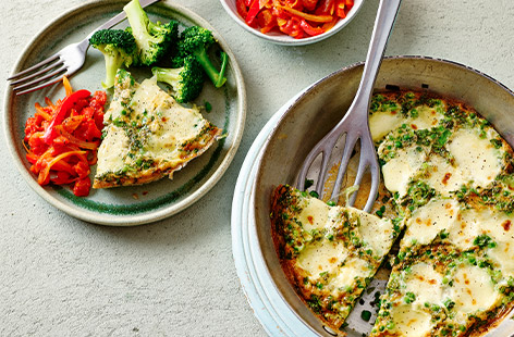 Get dinner on the table in 25 minutes! This fabulous frittata is made with frozen peas and melted mozzarella. Serve alongside a homemade pepper relish and broccoli.