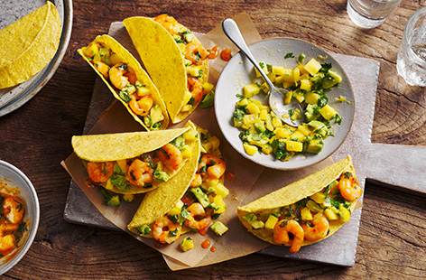 Made with just 5 ingredients, these tacos pack a punch. Load chilli and lime prawns into crispy taco shells with a zingy mango salsa. Ready in under 20 minutes, these a great for a quick summer midweek meal.