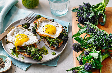 Roasting this distinctly colourful broccoli gives it a nutty and earthy flavour which works perfectly with a light dressing and crunchy sourdough
